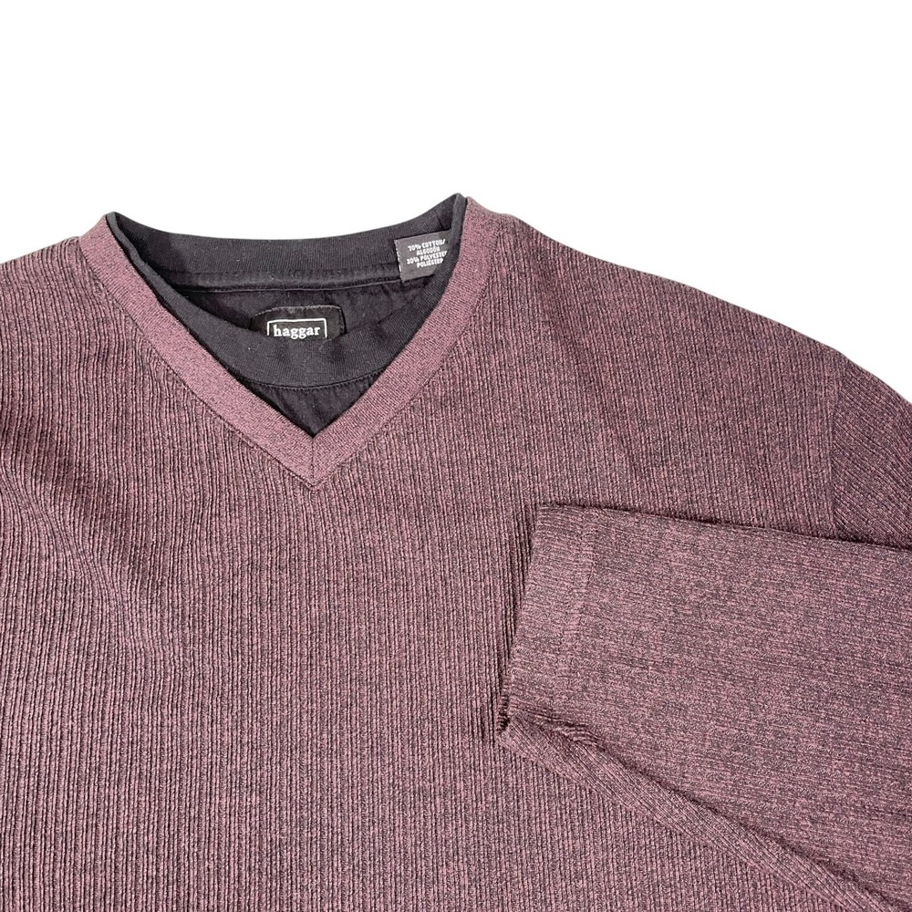 Haggar L Large Burgundy V-Neck Pullover Layered Ribbed Knit Dark Academia
